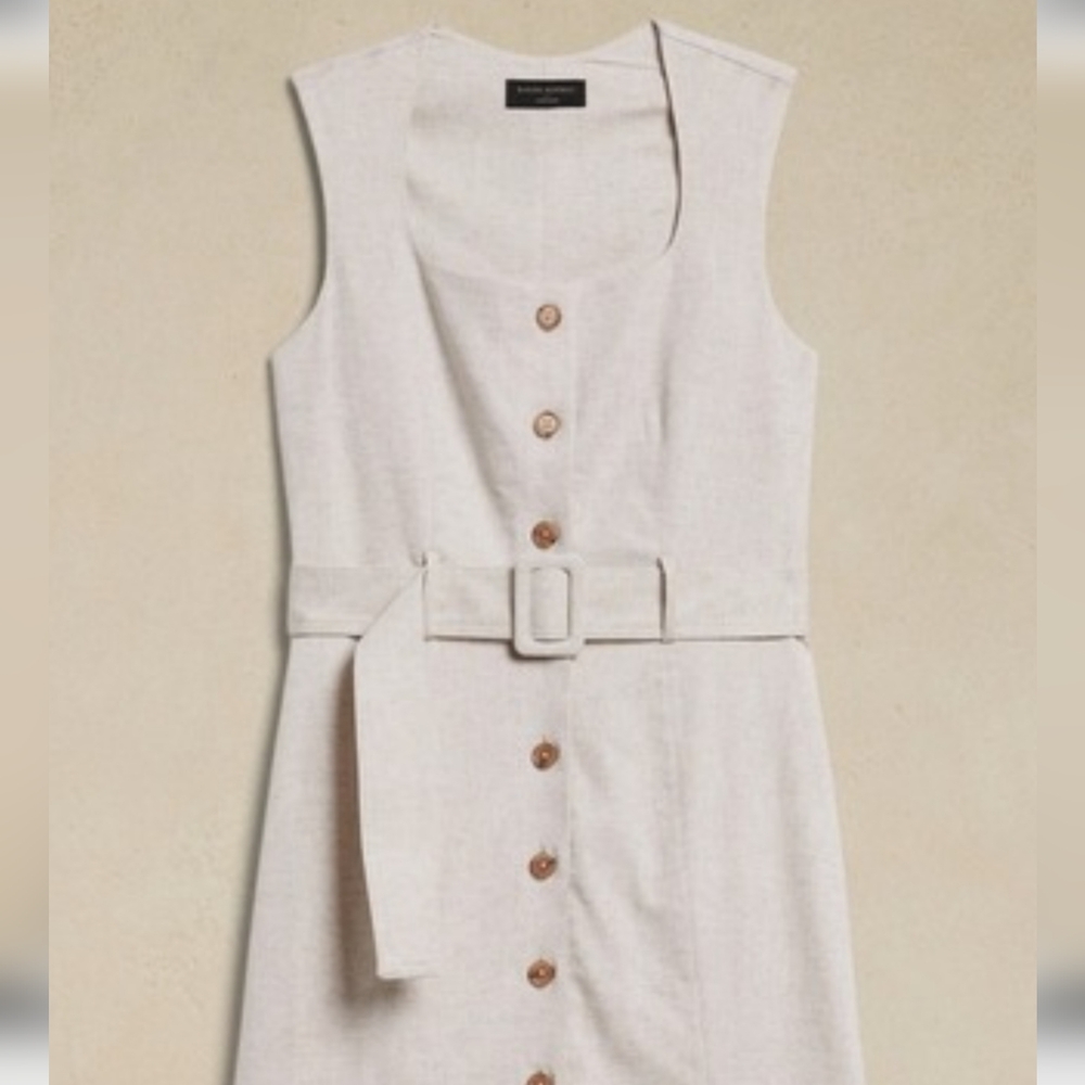 Banana Republic Linen Dress Lined Belted Beige Square Neck Midi Dress Cream Tan - Picture 2 of 6